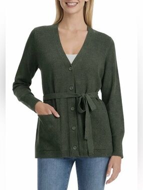 Splendid Women's Green Belted Button Front Long Sleeve Pockets Knit Cardigan XL